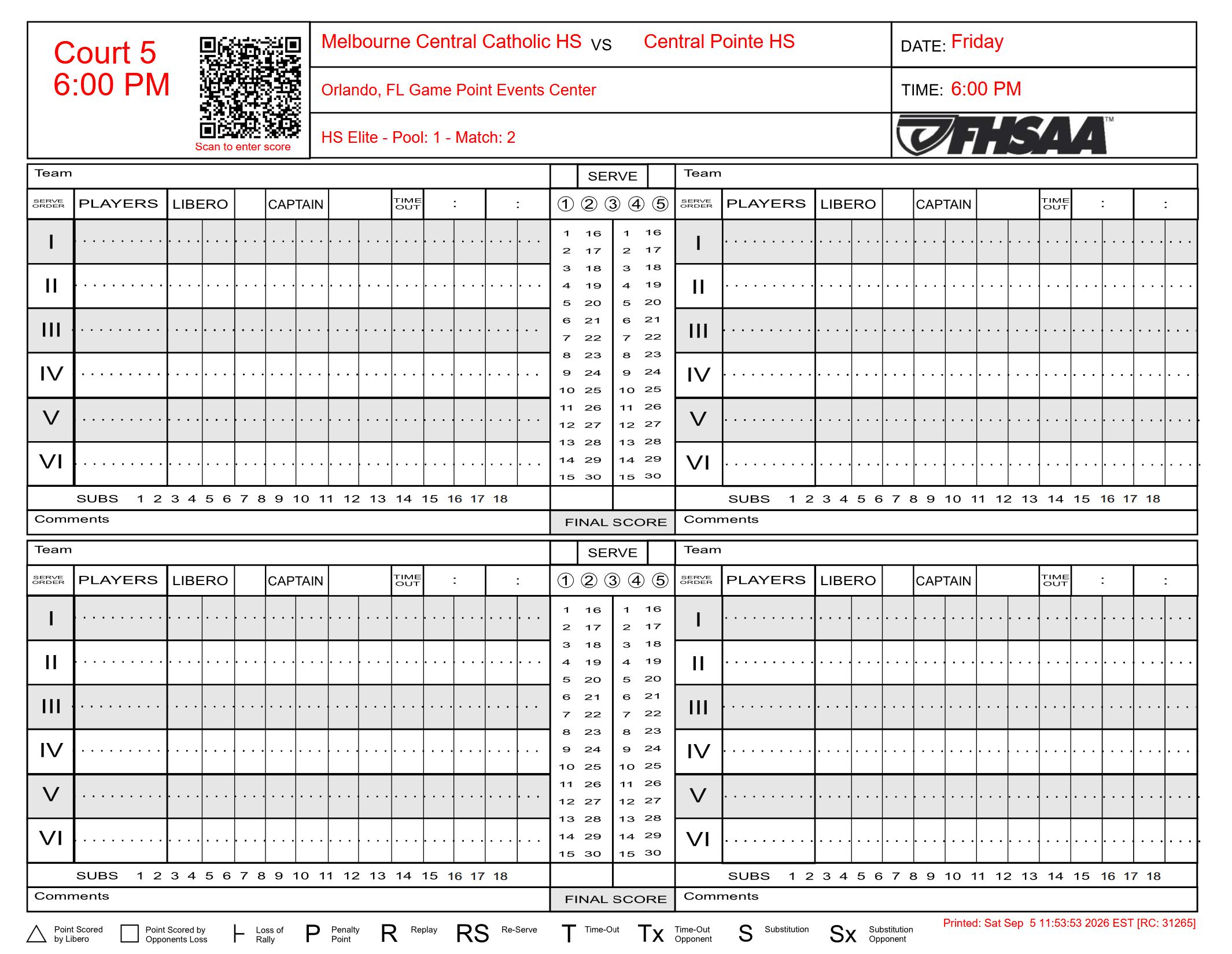 Auto-generated court scoresheet with a QR code to enter scores
