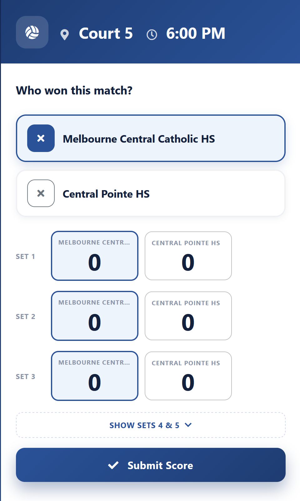 Mobile scoring screen used by officials court-side