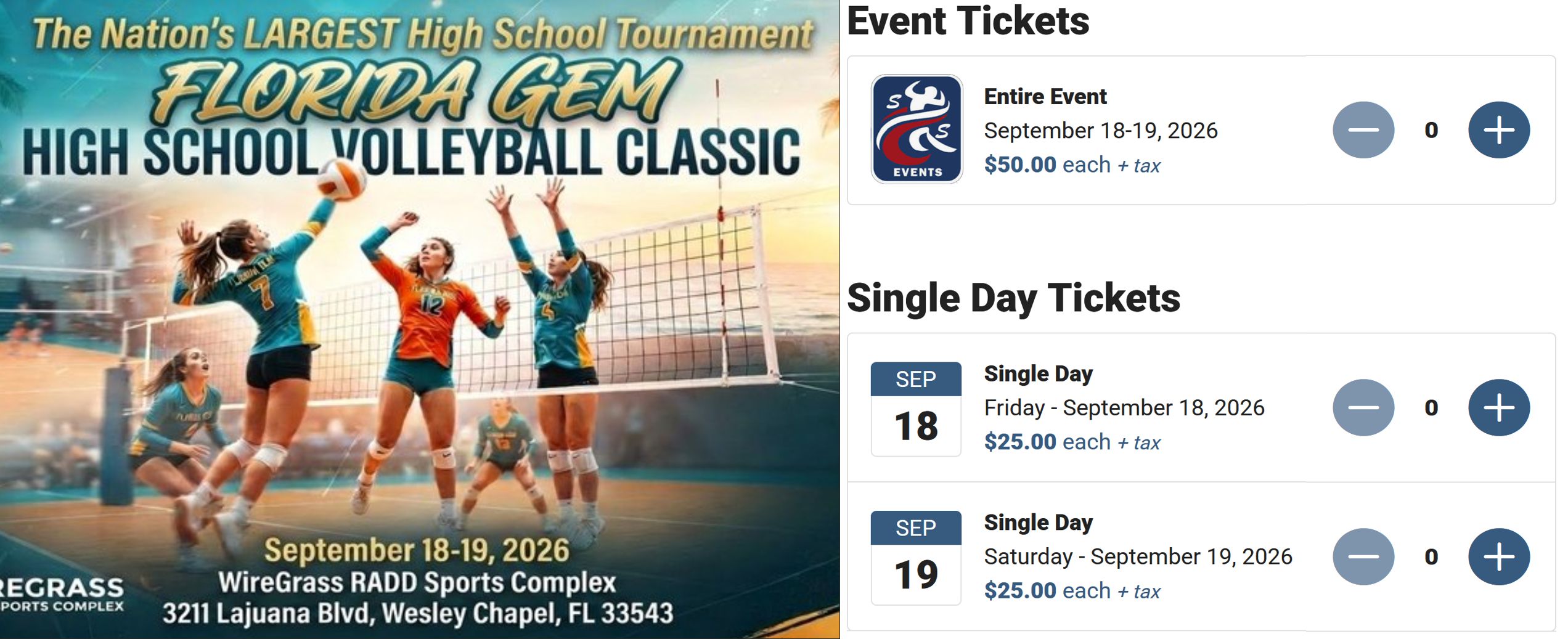 Online event ticket sales page showing entire-event and single-day pricing